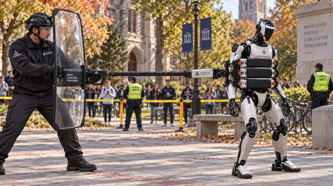 A protected operator maintaining stand-off distance from a humanoid robot with the Teammate Catcher